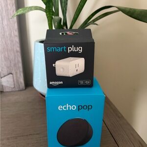 Amazon Smart Plug and Echo Pop in Black and Blue